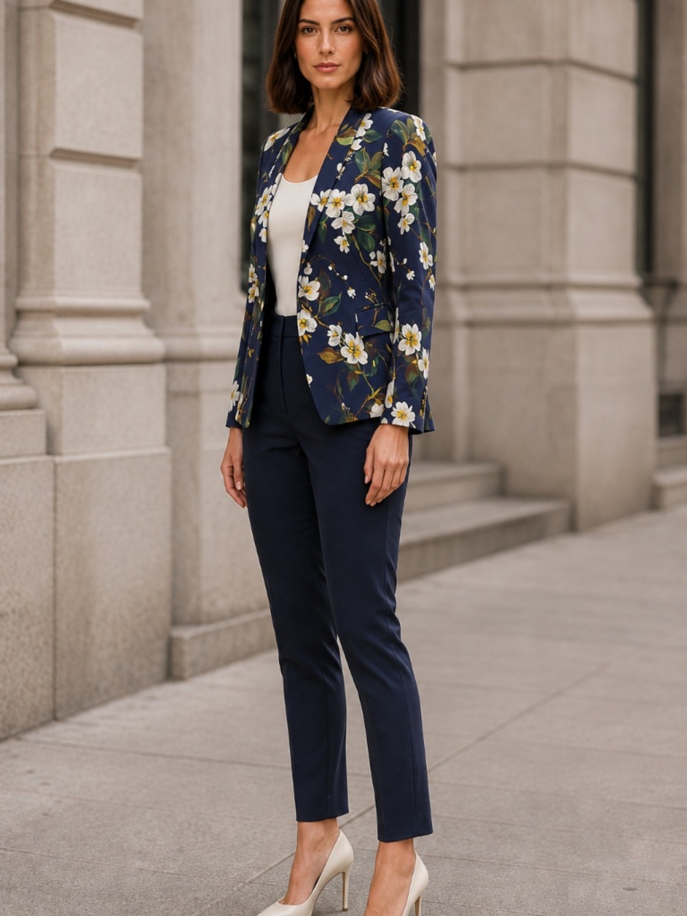 Escada | Navy Blue Floral Open-Front Blazer Jacket | Size XS